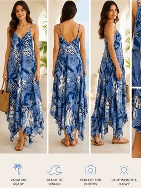 GOA BEACHWEAR BY JAPNA Blue Tropical Handkerchief Maxi Dress Various Sizes NWT